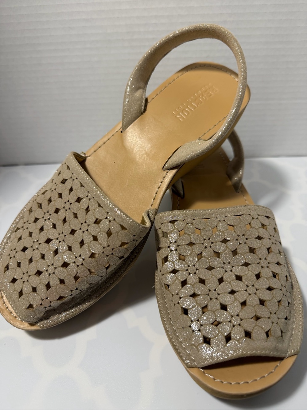 Kenneth Cole Reaction Shimmery Gold-Taupe Floral Laser-Cut Slingback Sandals
